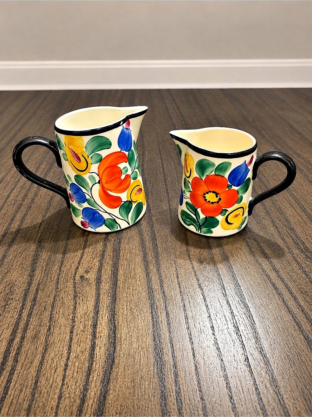 Vintage 1930s SMF Schramberg Style Hand-Painted Ceramic Creamer Pitcher Set of 2
